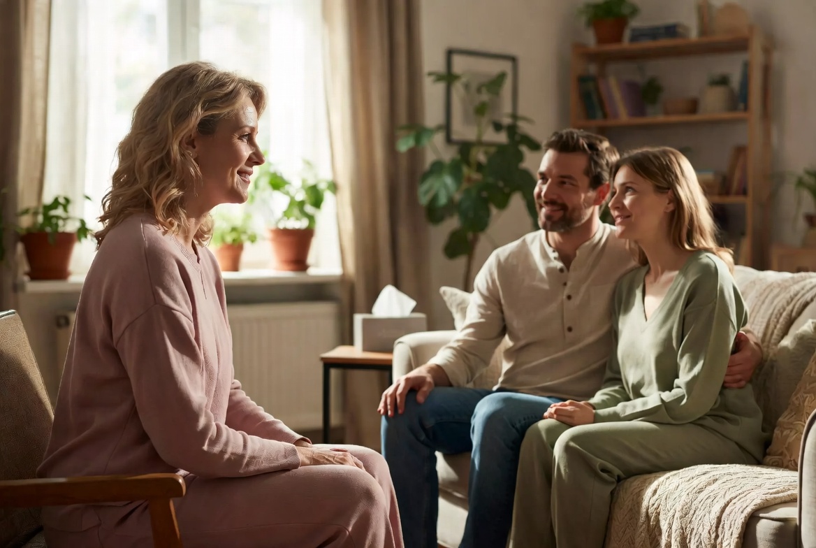 Two adults in calm counseling context — diverse representation, no identifiable faces required