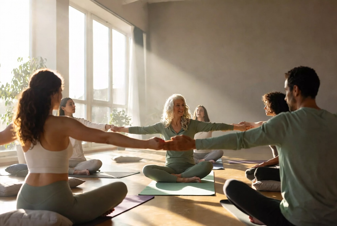 Small group in gentle movement or breathwork — calm studio or open space