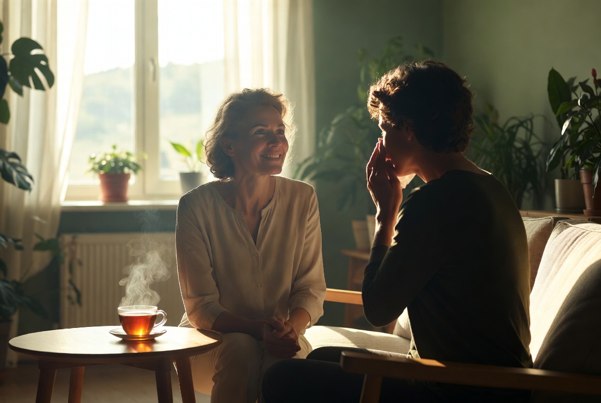 Hope-forward, non-stigmatizing — open natural light, calm setting, no substance imagery