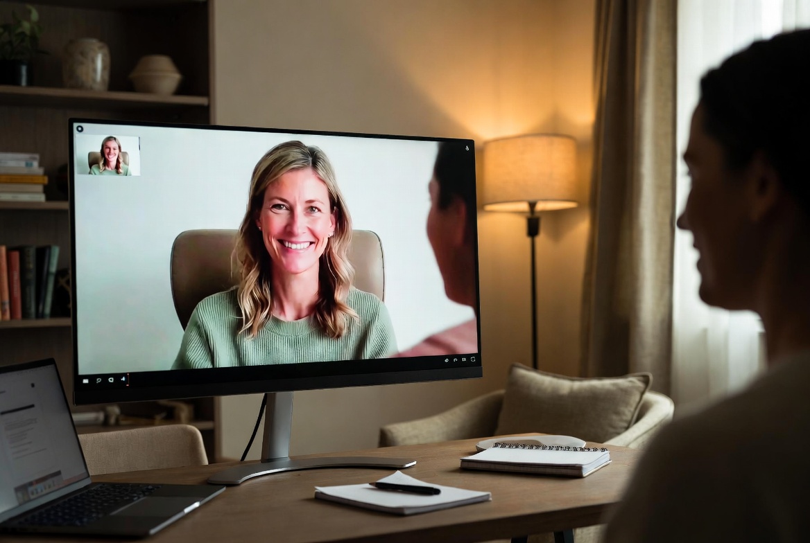 Person on laptop in comfortable home setting — natural light, relaxed
